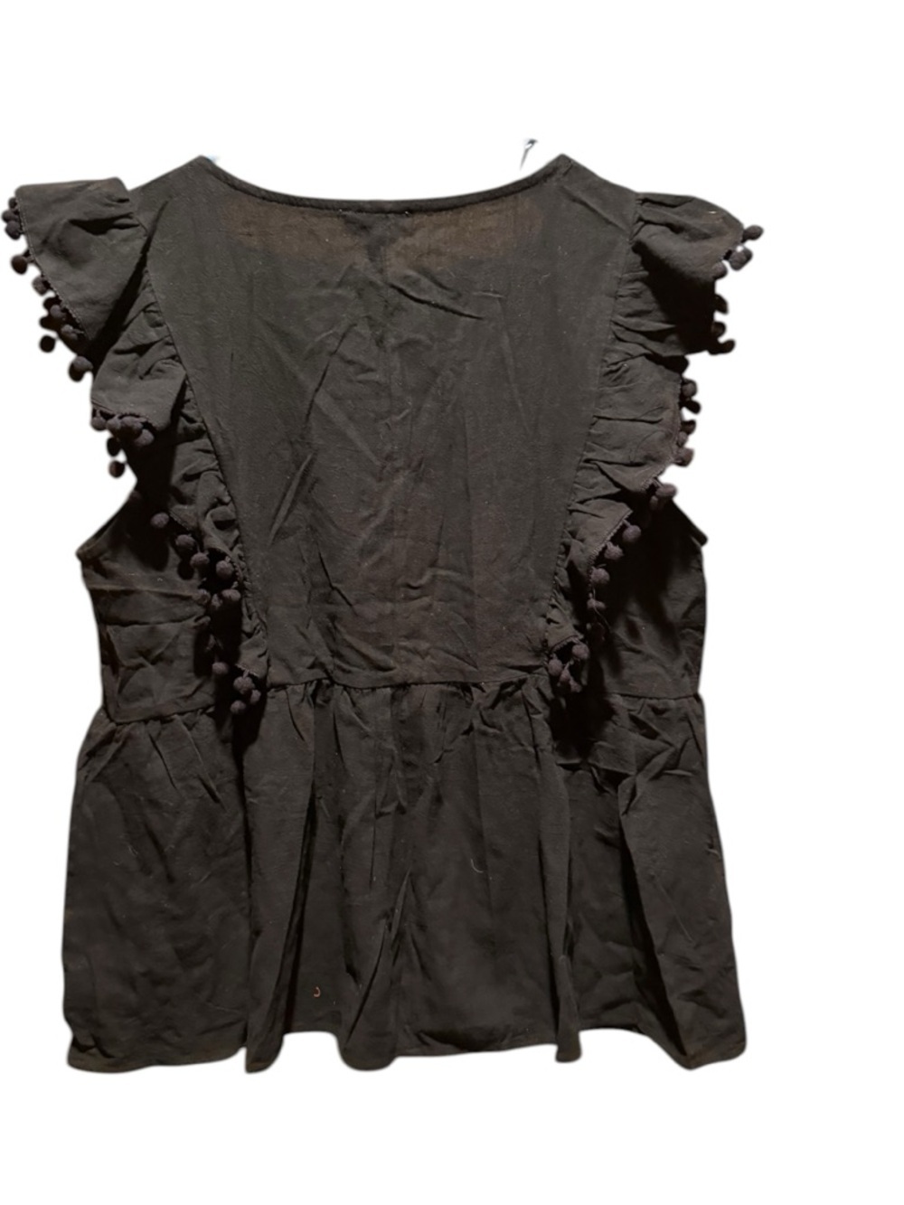 Umgee Black Embroidered Floral V-Neck Pom-Pom Sleeve Top - Picture 3 of 4